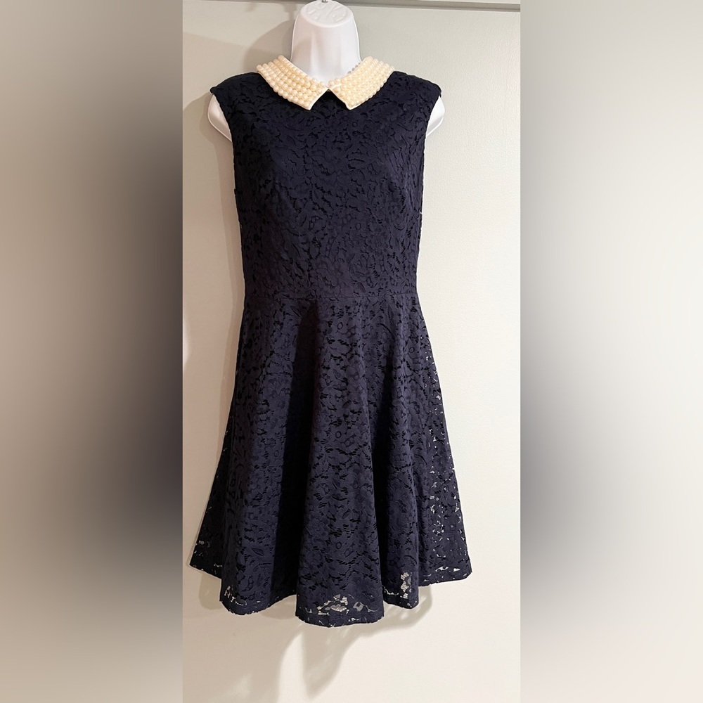 Betsey Johnson Navy Lace Dress with Pearl Collar, size 6